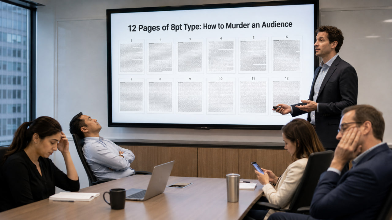 12 Pages of 8pt Type: How to Murder an Audience presentation design and audience engagement